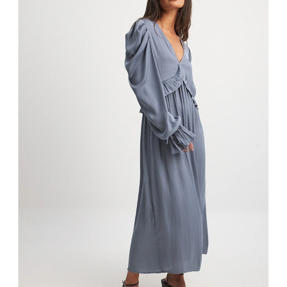Na-Kd Ruffle Detail Sleeve Tie Midi Dress In Blue Gray EU 34 US 4